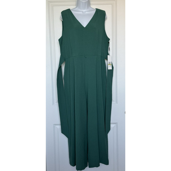 NWT Calvin Klein Green Crinkle‎ Wide Leg Crop Jumpsuit Sz 14 Sleeveless Belted - Picture 2 of 16